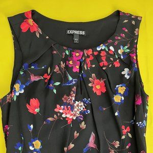 Express Floral Dress with Hummingbirds, Black, Coral, Blue, Pink, Size 0
